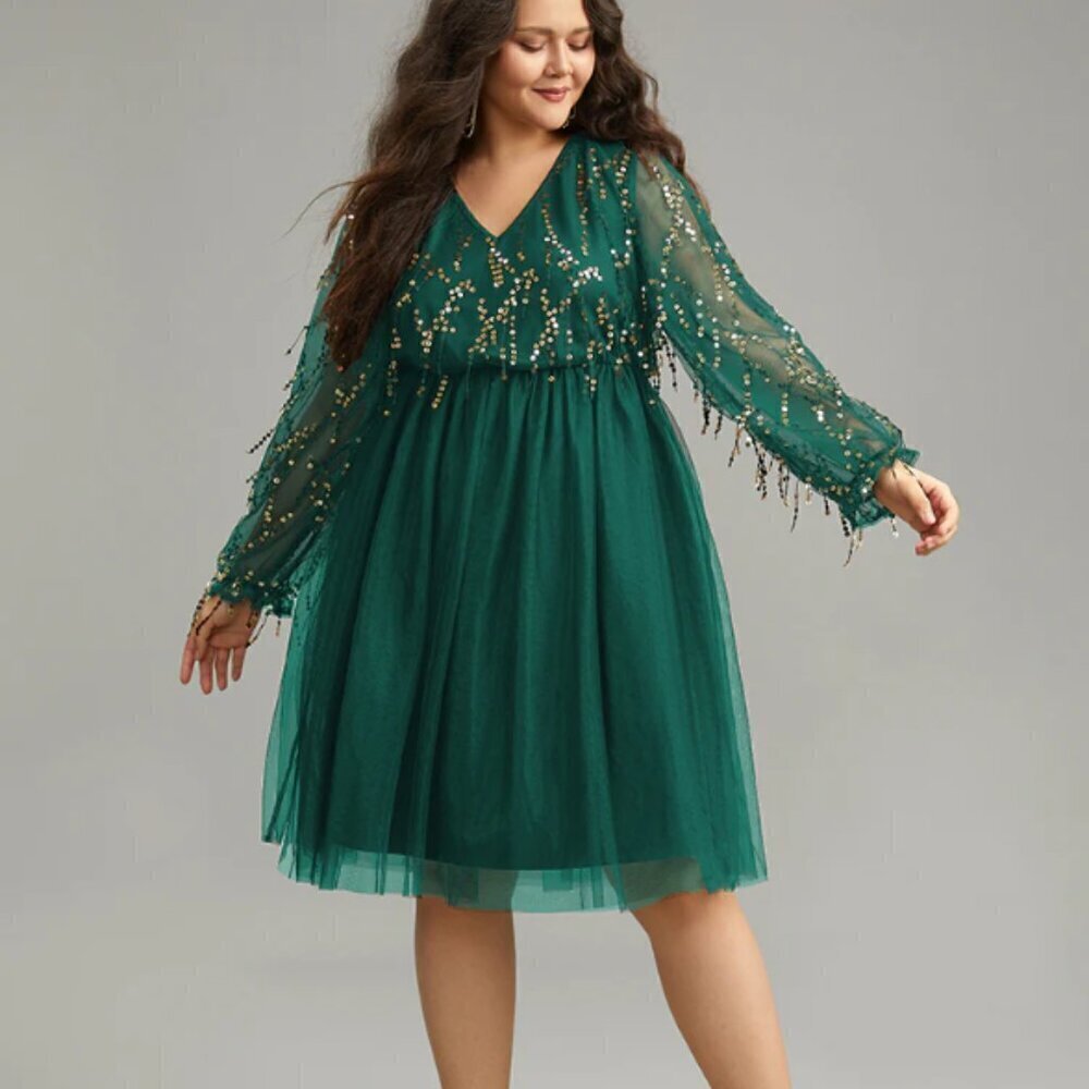 BloomChic Size M Sequin Mesh Patchwork Tassel Dress & Party Dress